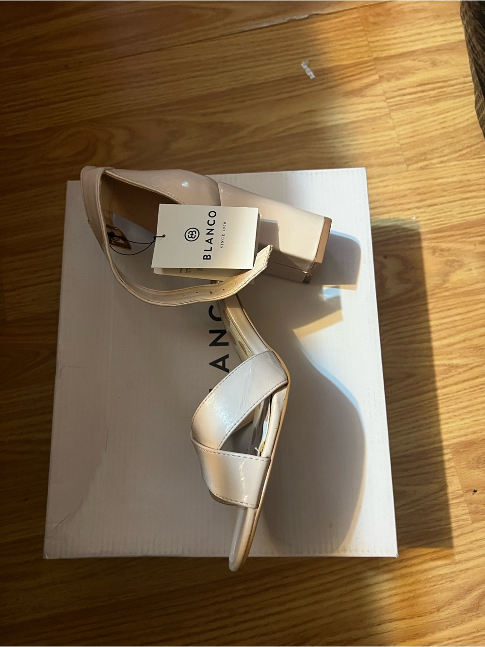 Patent Beige Block Heel Sandals with Ankle Strap